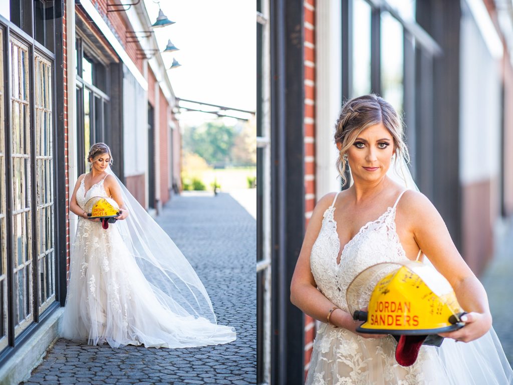 Bride with firefighter helmet in Tallahassee, Florida