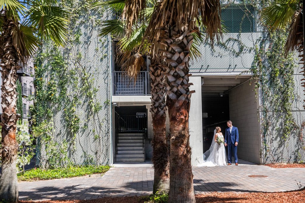Bride and groom in Collegetown in Tallahassee, Florida
